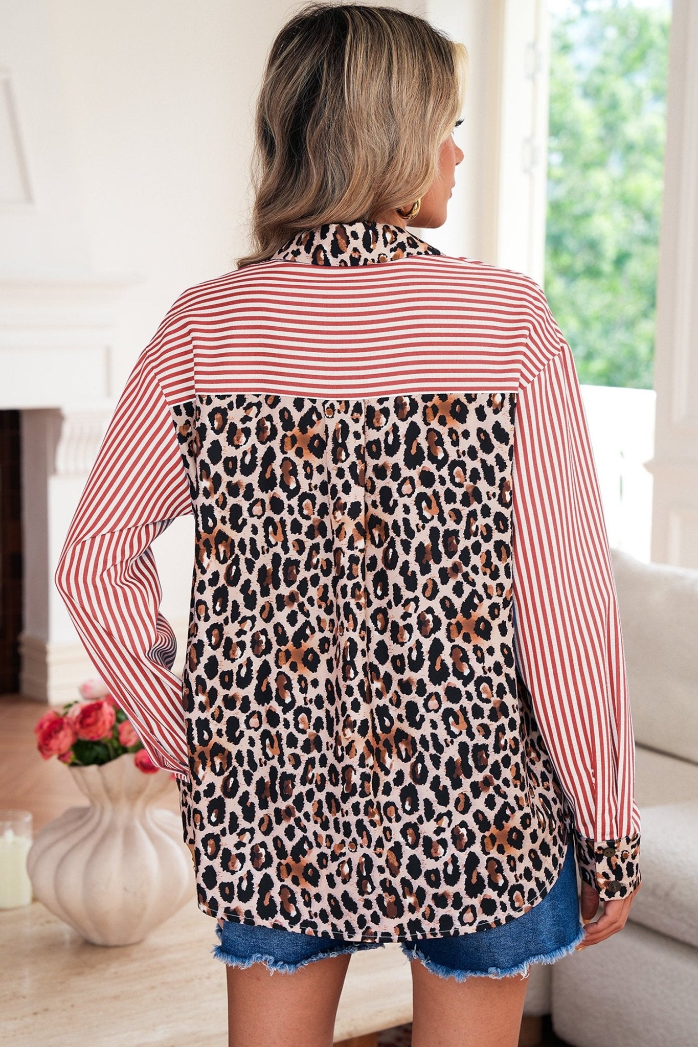 Racing Red Leopard and Striped Patchwork Button Shirt - MAD RUFFI