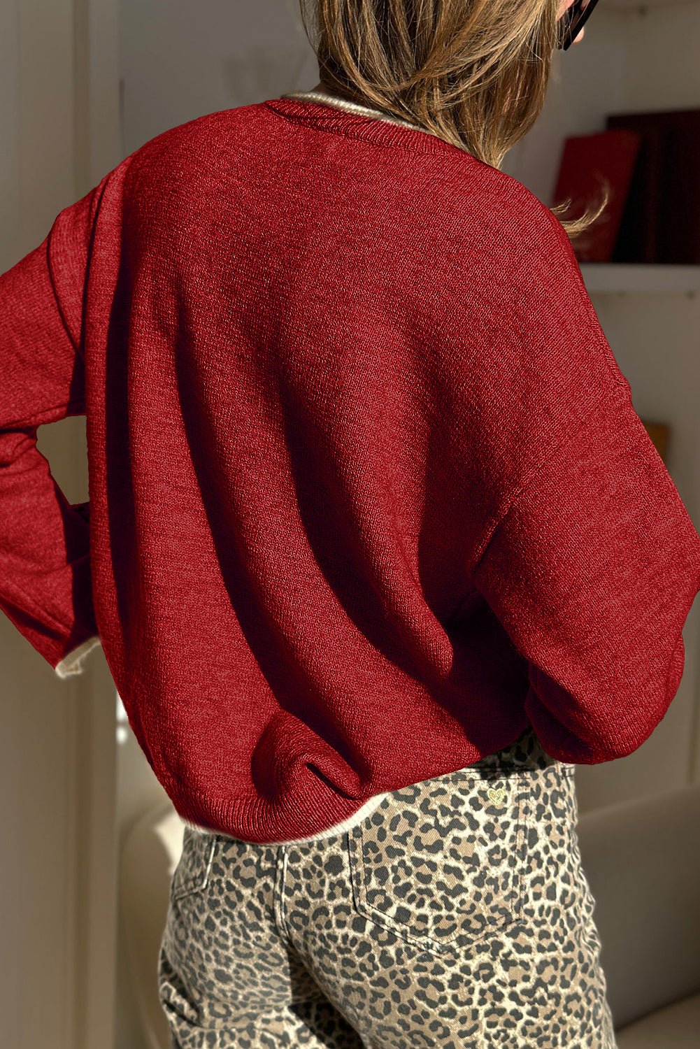Racing Red Leopard Bow Decor Split Cuffs Contrast Trim Sweater - MAD RUFFI