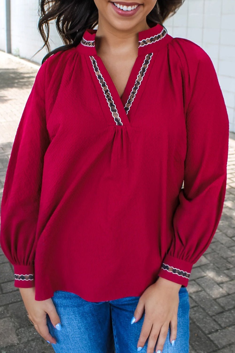 Racing Red Leopard Ricrac Applique V Neck Blouse - MAD RUFFI