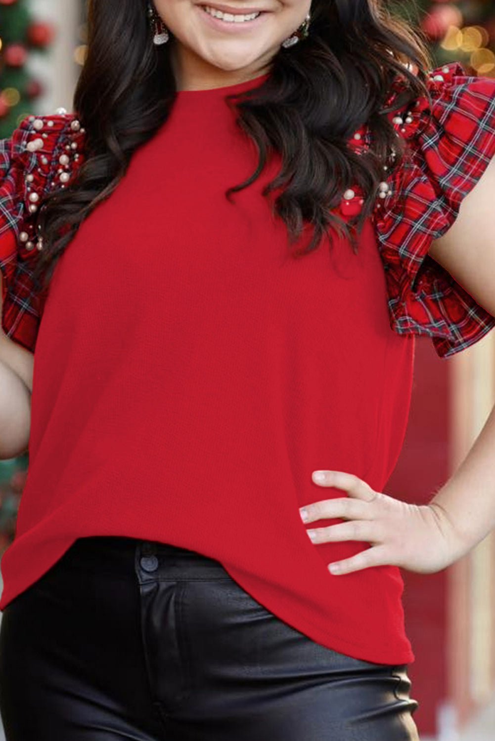 Racing Red Plaid Pearl Ruffled Sleeve Knitted Christmas Holiday Plus Size Top - MAD RUFFI