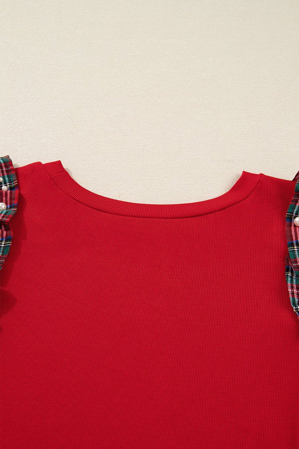 Racing Red Plaid Pearl Ruffled Sleeve Knitted Christmas Holiday Plus Size Top - MAD RUFFI