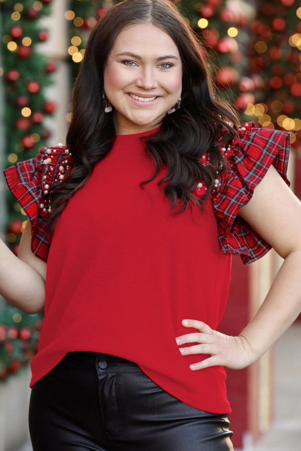 Racing Red Plaid Pearl Ruffled Sleeve Knitted Christmas Holiday Plus Size Top - MAD RUFFI