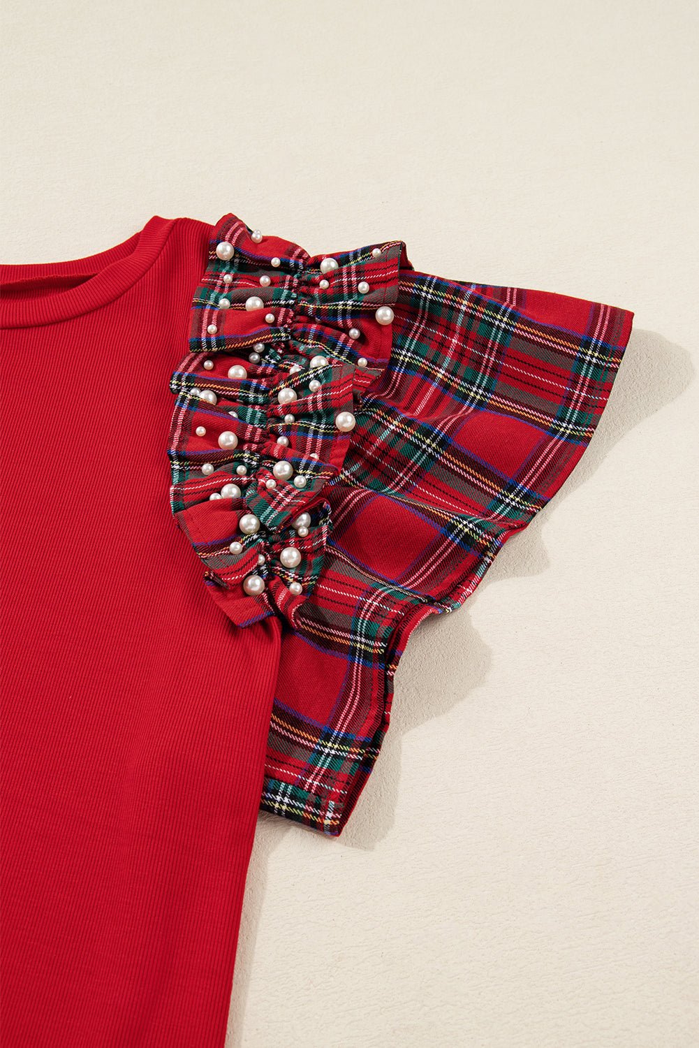 Racing Red Plaid Pearl Ruffled Sleeve Knitted Christmas Holiday Plus Size Top - MAD RUFFI