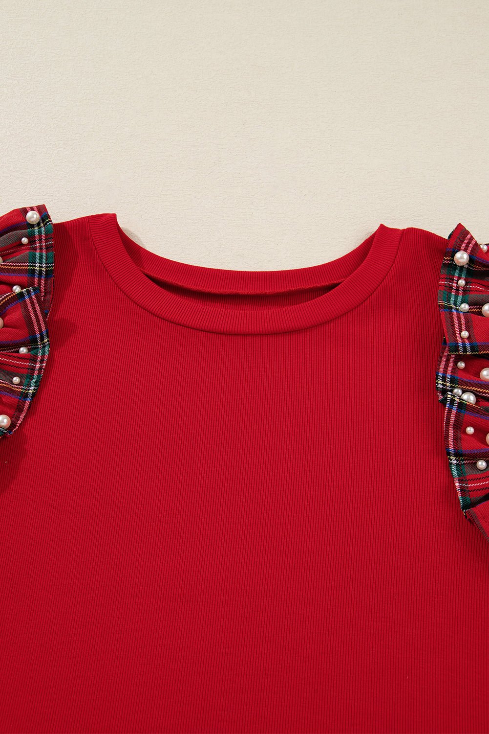 Racing Red Plaid Pearl Ruffled Sleeve Knitted Christmas Holiday Plus Size Top - MAD RUFFI