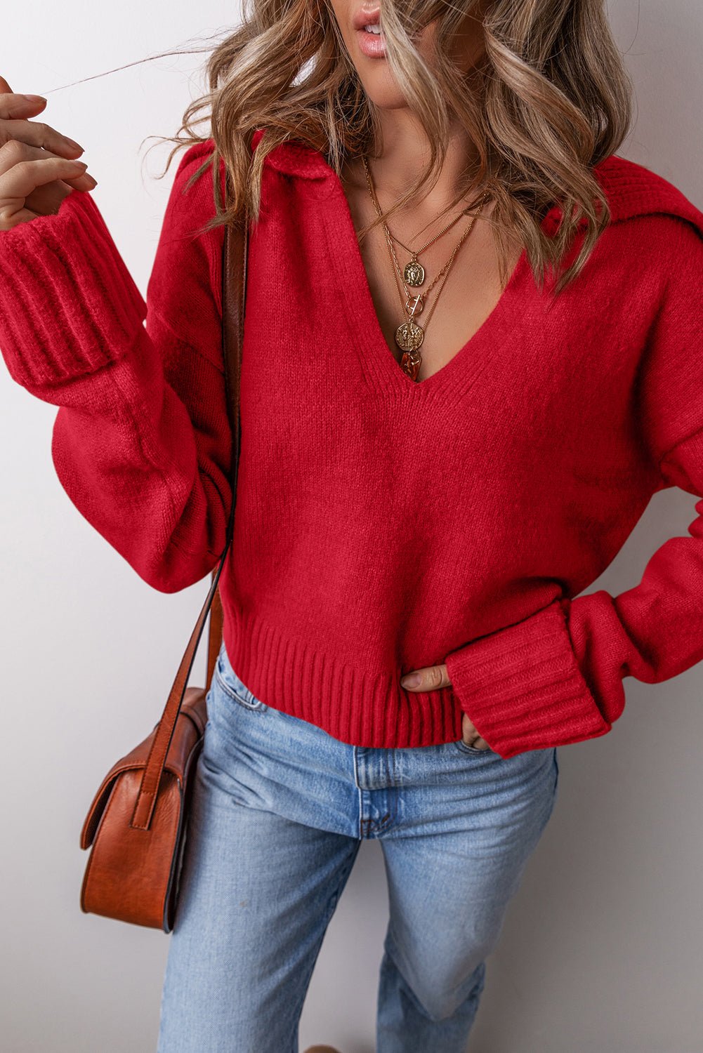 Racing Red Ribbed Edge Collared V Neck Loose Fit Sweater - MAD RUFFI