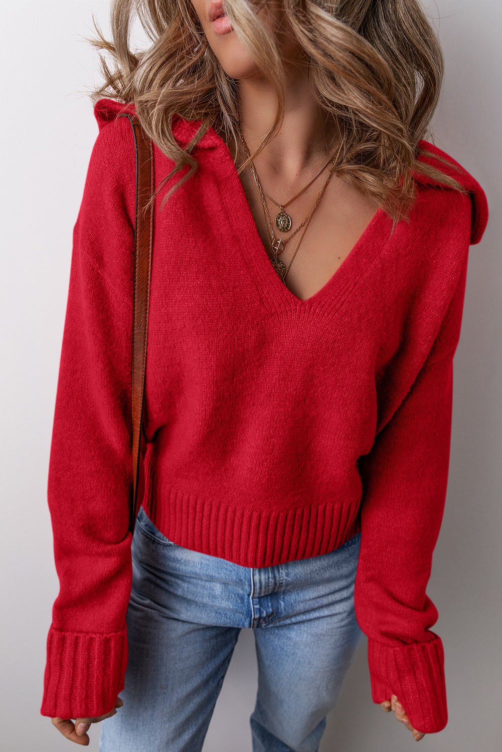 Racing Red Ribbed Edge Collared V Neck Loose Fit Sweater - MAD RUFFI