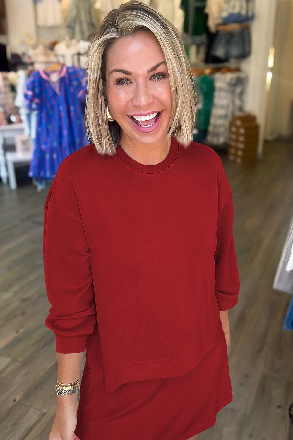 Racing Red Solid Color Drop Shoulder Pullover Drawstring Mini Skirt Set - MAD RUFFI