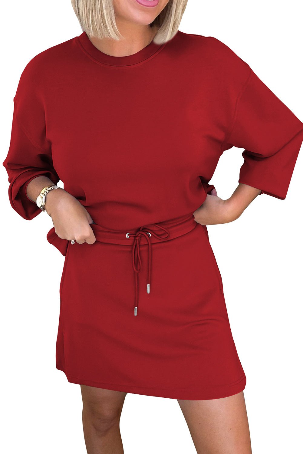 Racing Red Solid Color Drop Shoulder Pullover Drawstring Mini Skirt Set - MAD RUFFI