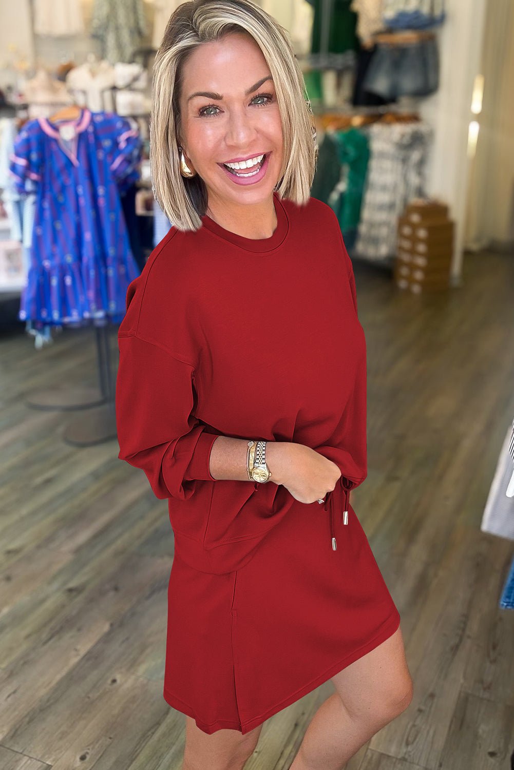 Racing Red Solid Color Drop Shoulder Pullover Drawstring Mini Skirt Set - MAD RUFFI