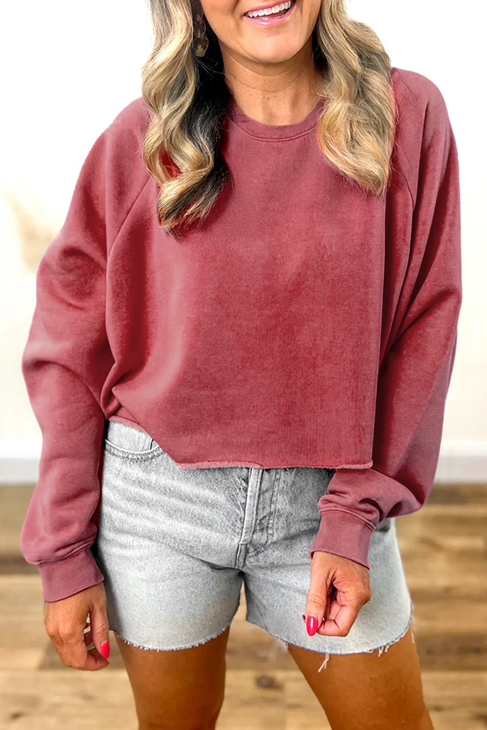 Racing Red Solid Color Raglan Sleeve Pullover Sweatshirt - MAD RUFFI