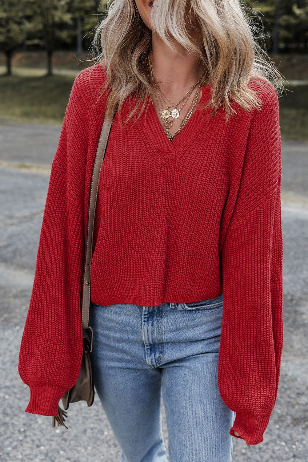 Racing Red Solid Textured Knit V Neck Drop Shoulder Sweater - MAD RUFFI