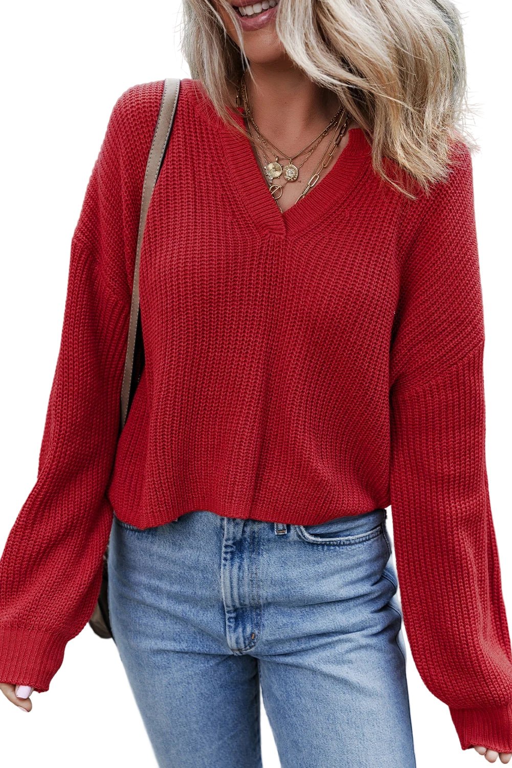 Racing Red Solid Textured Knit V Neck Drop Shoulder Sweater - MAD RUFFI
