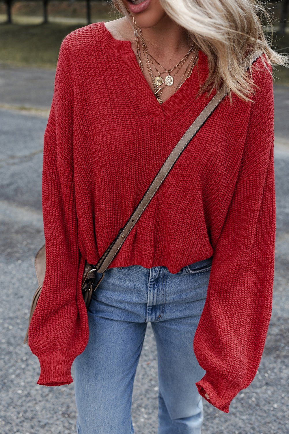 Racing Red Solid Textured Knit V Neck Drop Shoulder Sweater - MAD RUFFI