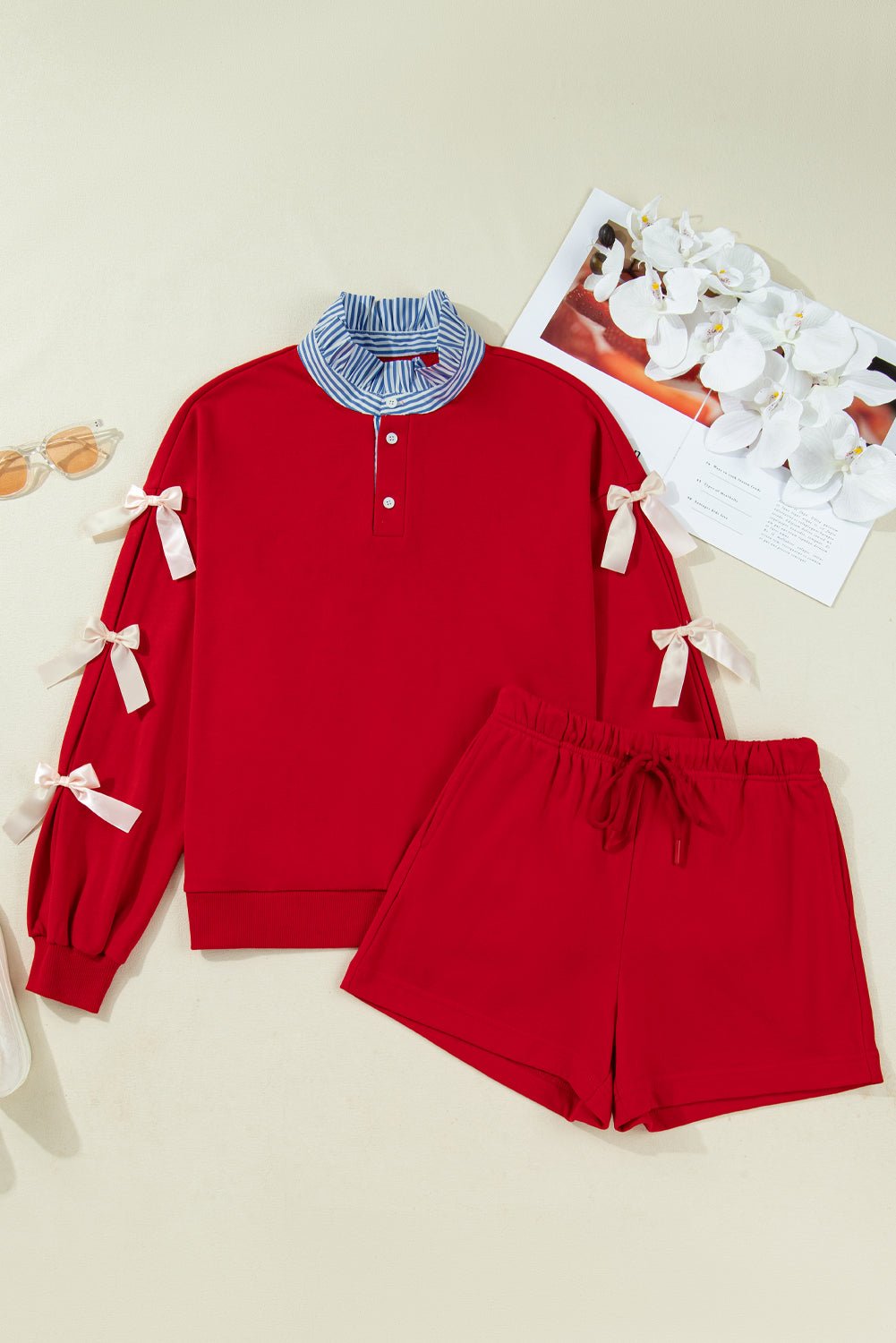 Racing Red Striped Collar Knot Sleeve Sweatshirt and Shorts Set - MAD RUFFI
