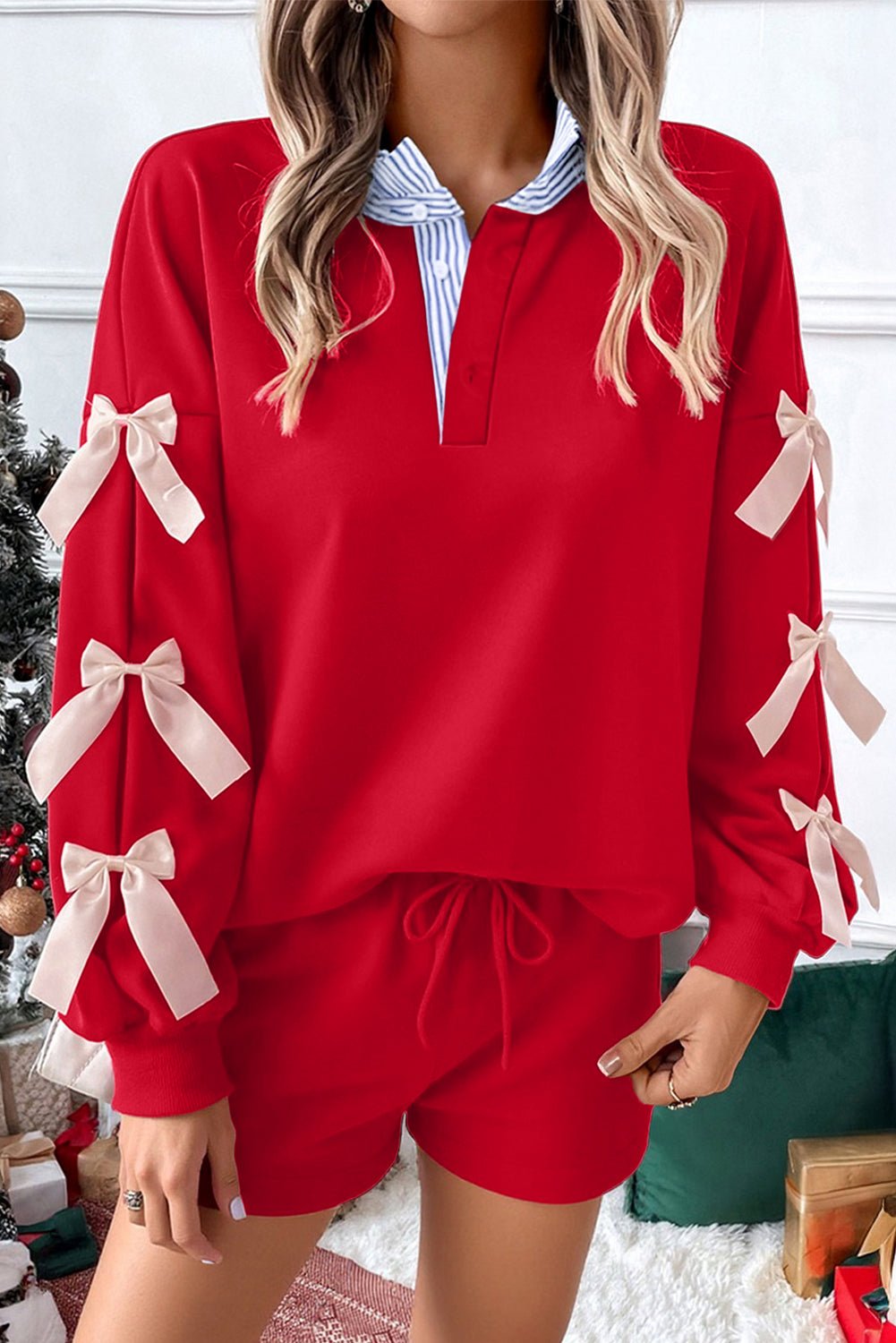 Racing Red Striped Collar Knot Sleeve Sweatshirt and Shorts Set - MAD RUFFI