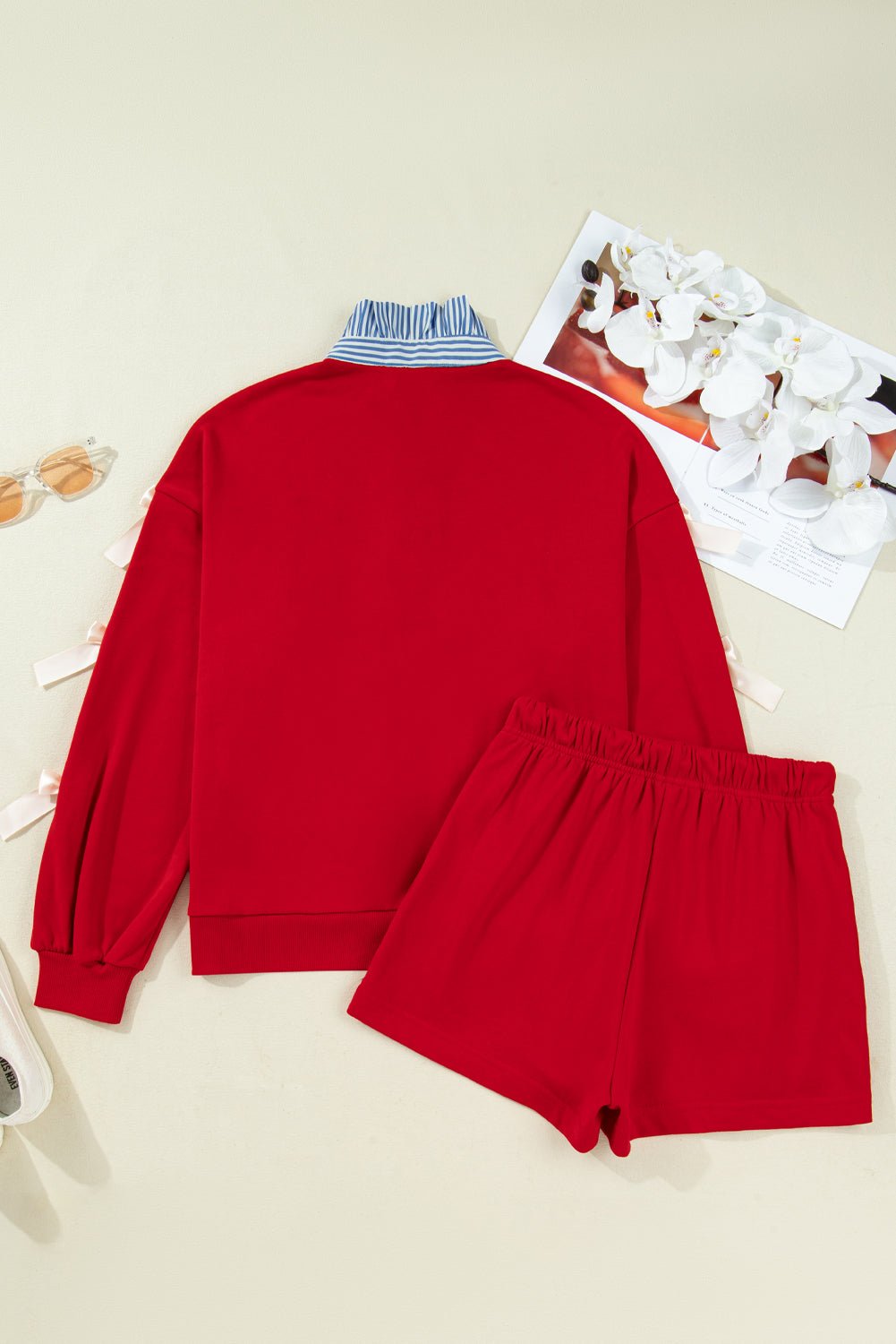 Racing Red Striped Collar Knot Sleeve Sweatshirt and Shorts Set - MAD RUFFI
