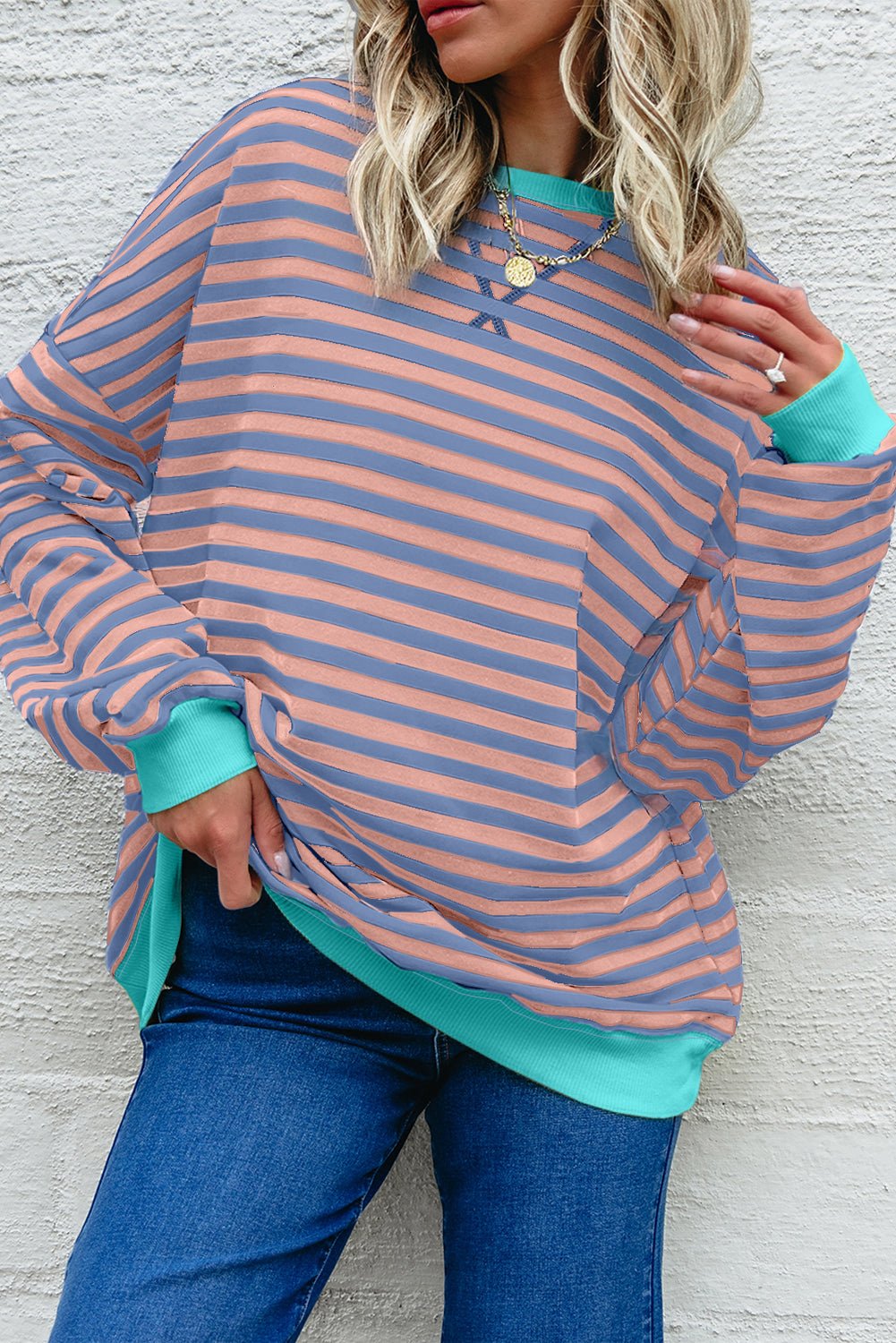 Racing Red Striped Contrast Trim Drop Shoulder Sweatshirt - MAD RUFFI
