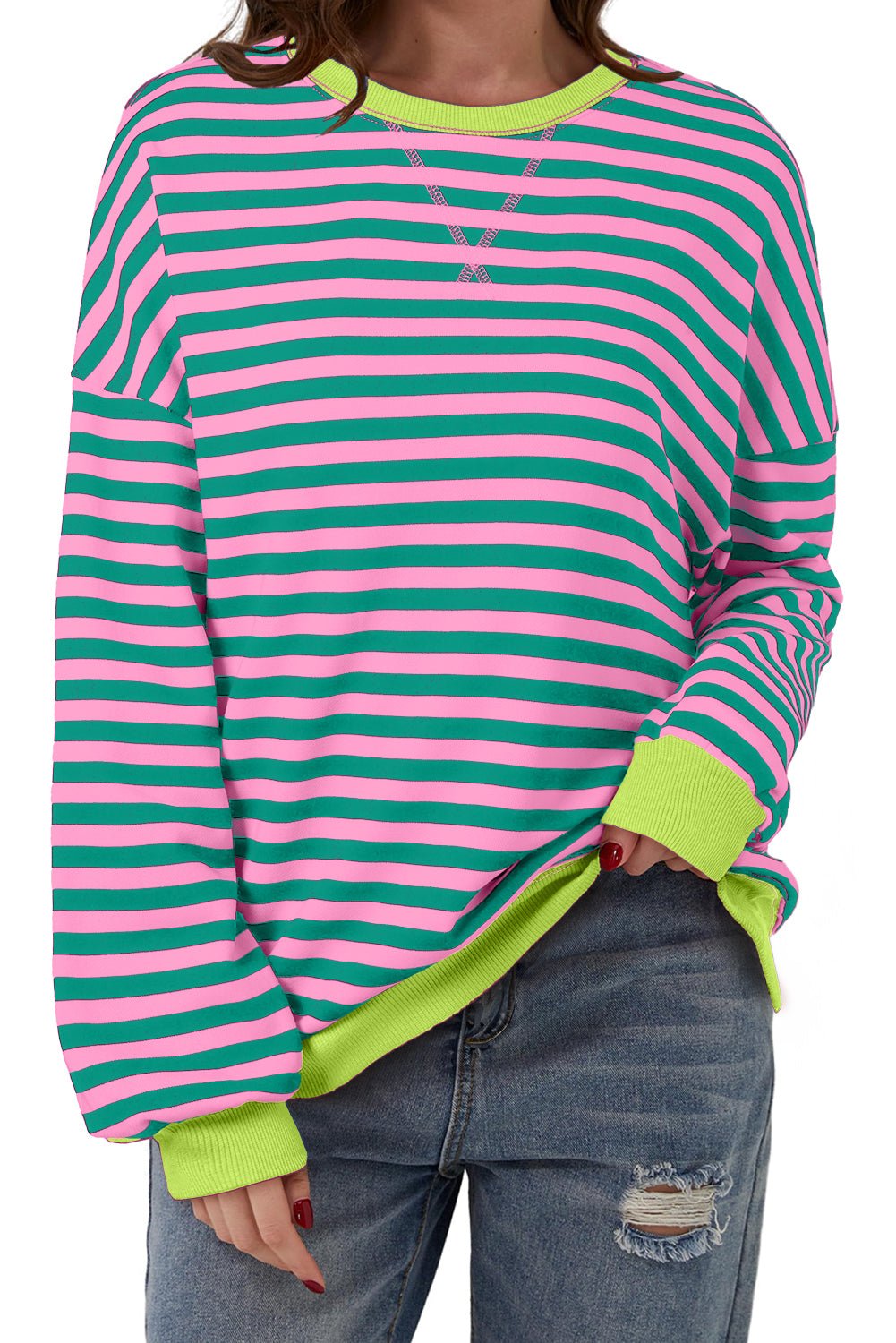 Racing Red Striped Contrast Trim Drop Shoulder Sweatshirt - MAD RUFFI