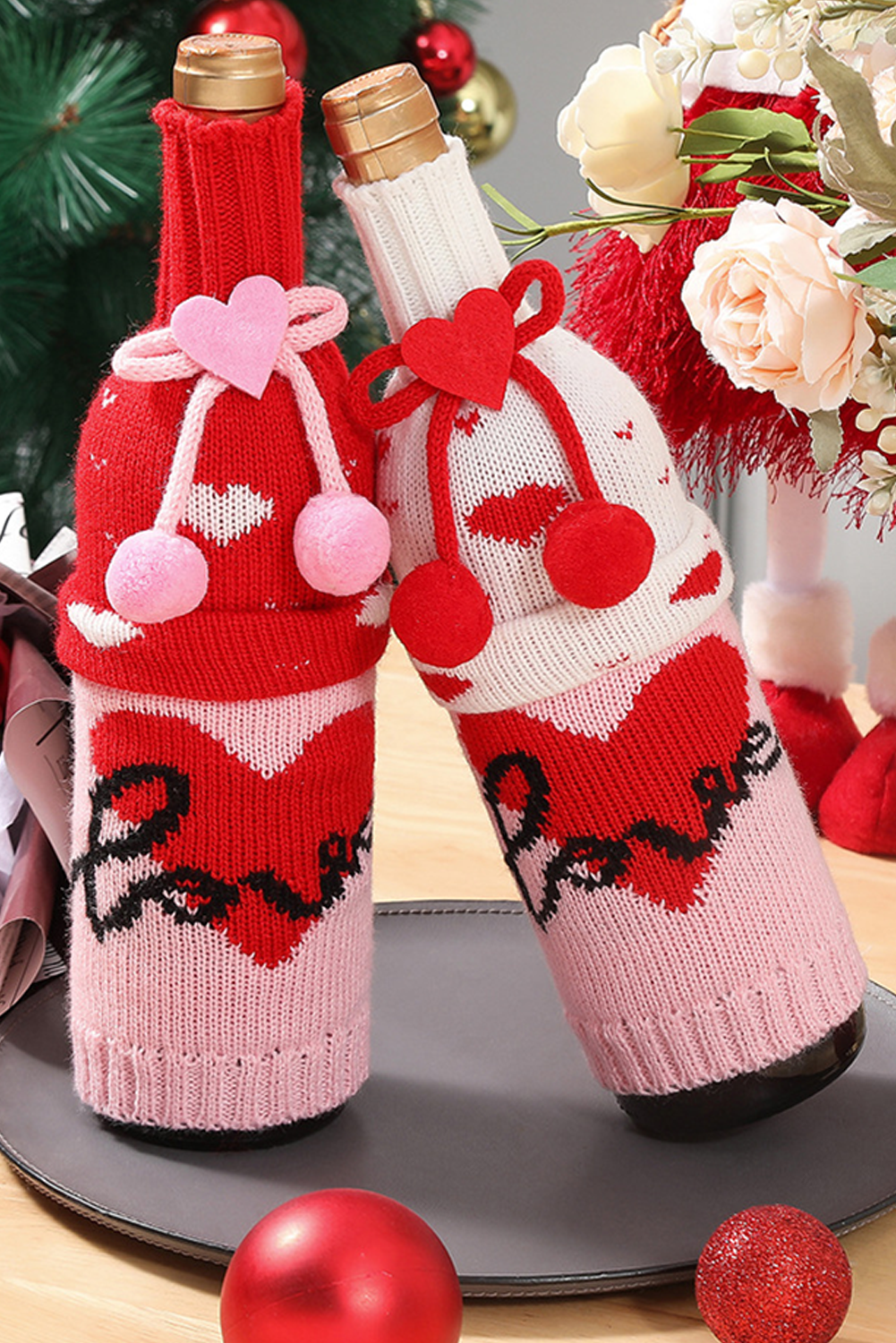 Racing Red Valentine Bow Pattern Wine Bottle Knit Sweater Cover - MAD RUFFI