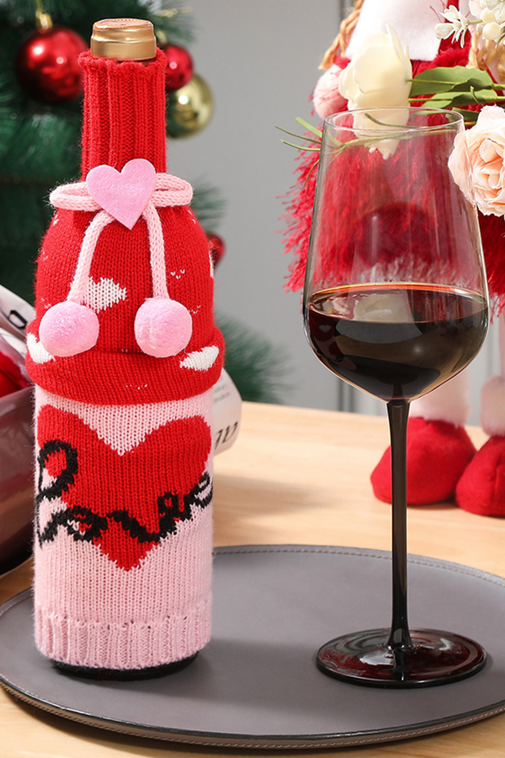 Racing Red Valentine Bow Pattern Wine Bottle Knit Sweater Cover - MAD RUFFI