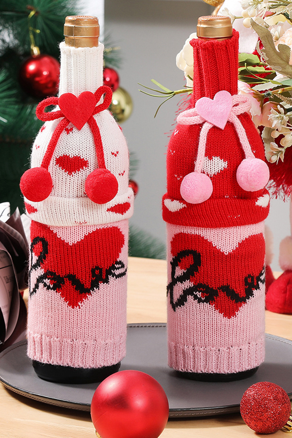 Racing Red Valentine Bow Pattern Wine Bottle Knit Sweater Cover - MAD RUFFI