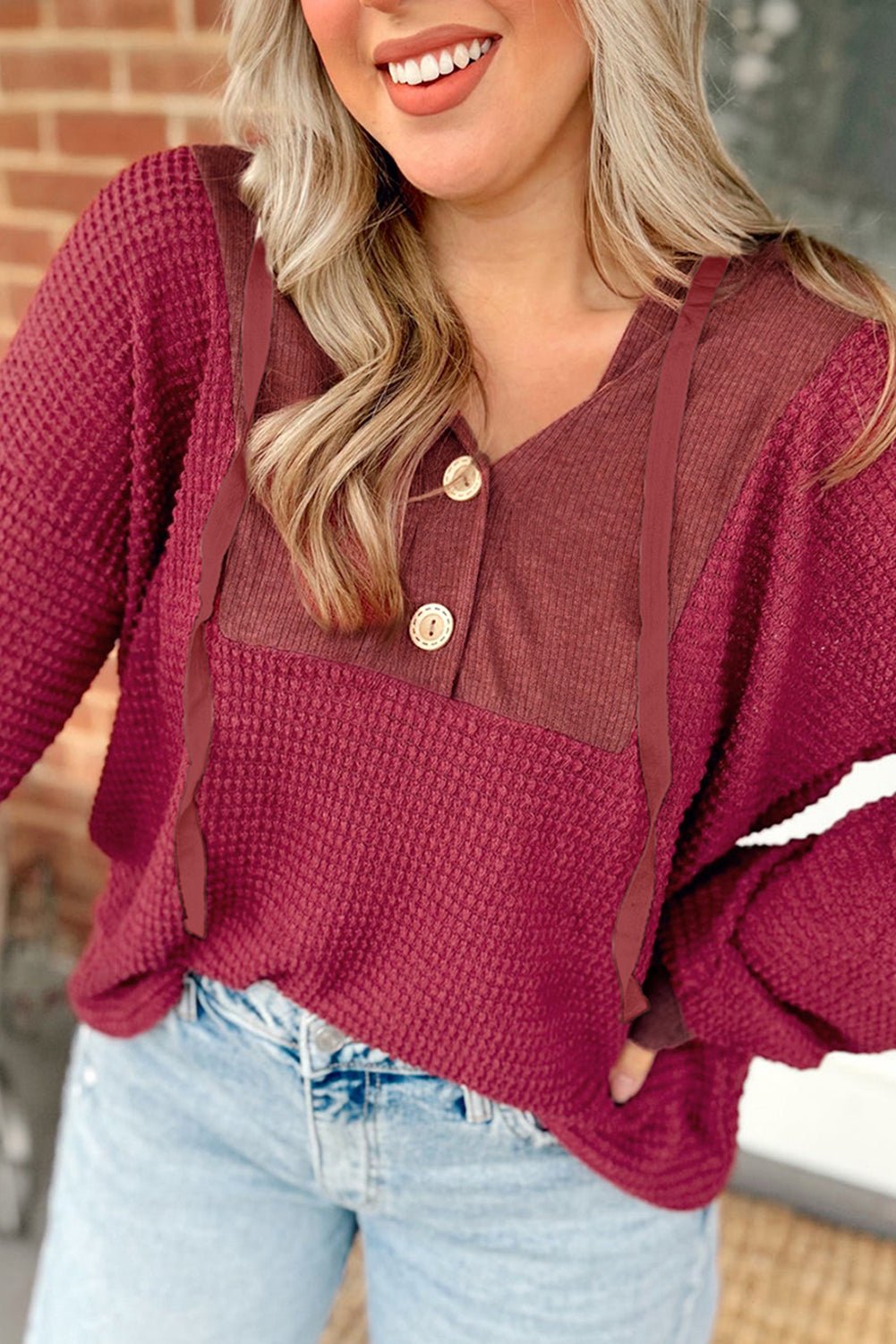 Racing Red Waffle Patchwork Drop Shoulder Hooded Long Sleeve Top - MAD RUFFI