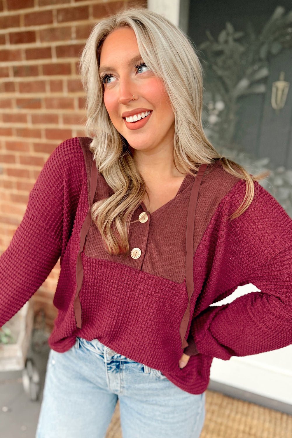 Racing Red Waffle Patchwork Drop Shoulder Hooded Long Sleeve Top - MAD RUFFI