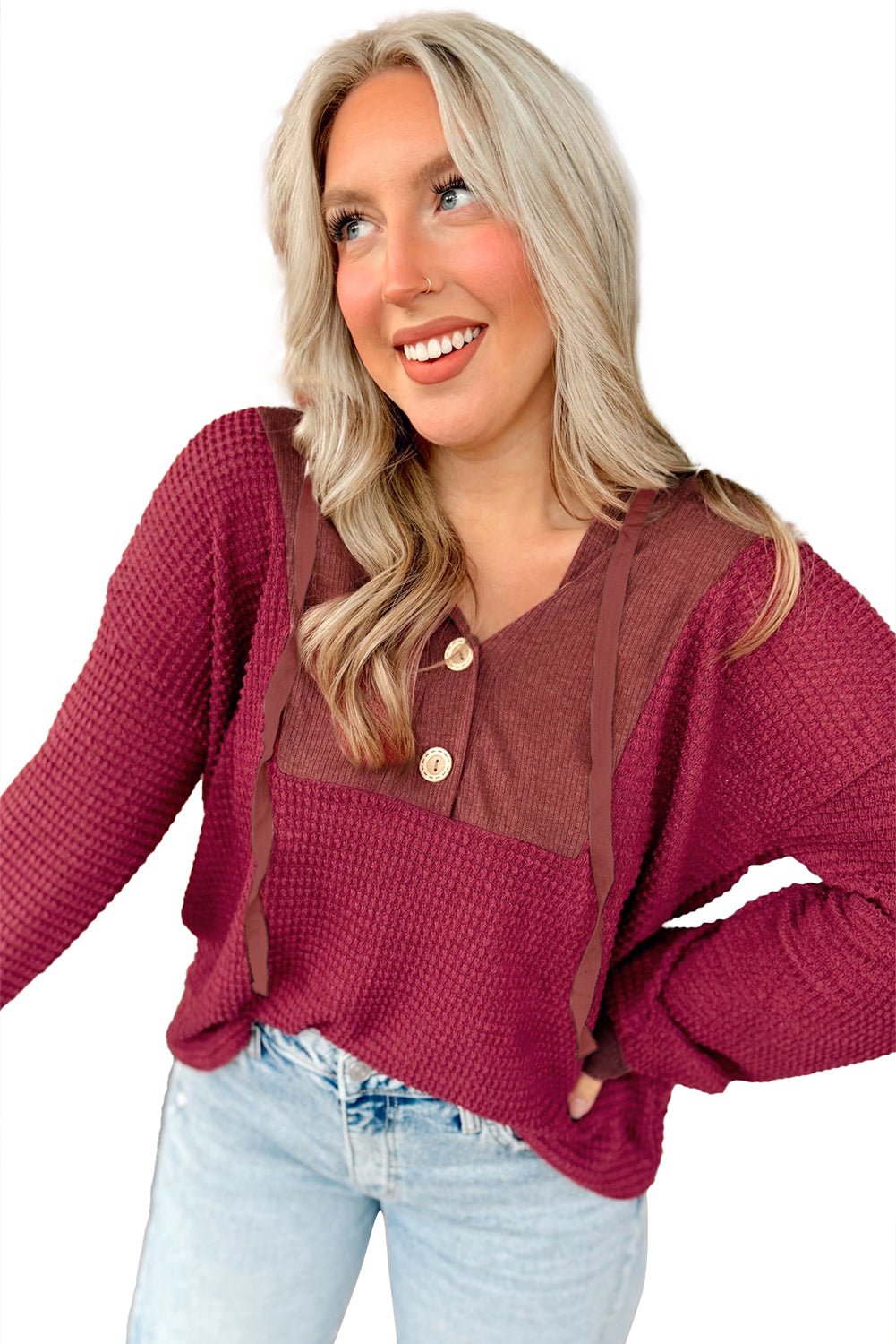 Racing Red Waffle Patchwork Drop Shoulder Hooded Long Sleeve Top - MAD RUFFI