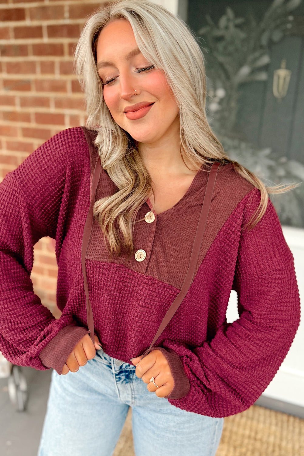 Racing Red Waffle Patchwork Drop Shoulder Hooded Long Sleeve Top - MAD RUFFI