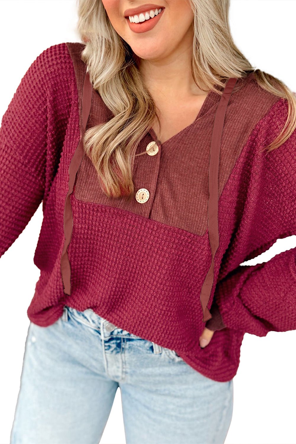 Racing Red Waffle Patchwork Drop Shoulder Hooded Long Sleeve Top - MAD RUFFI