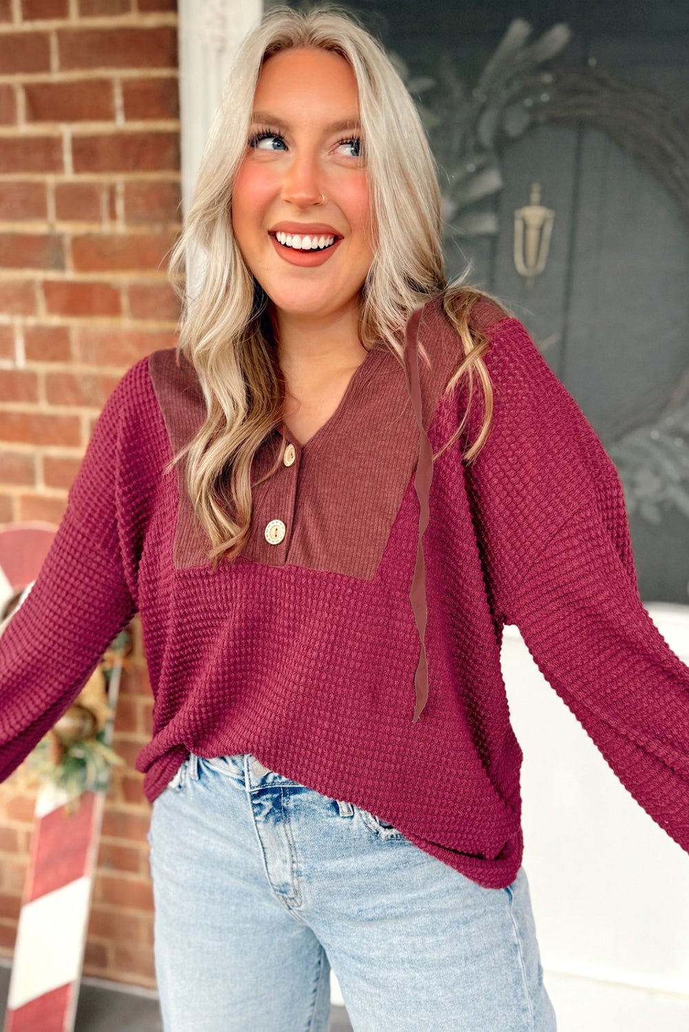 Racing Red Waffle Patchwork Drop Shoulder Hooded Long Sleeve Top - MAD RUFFI