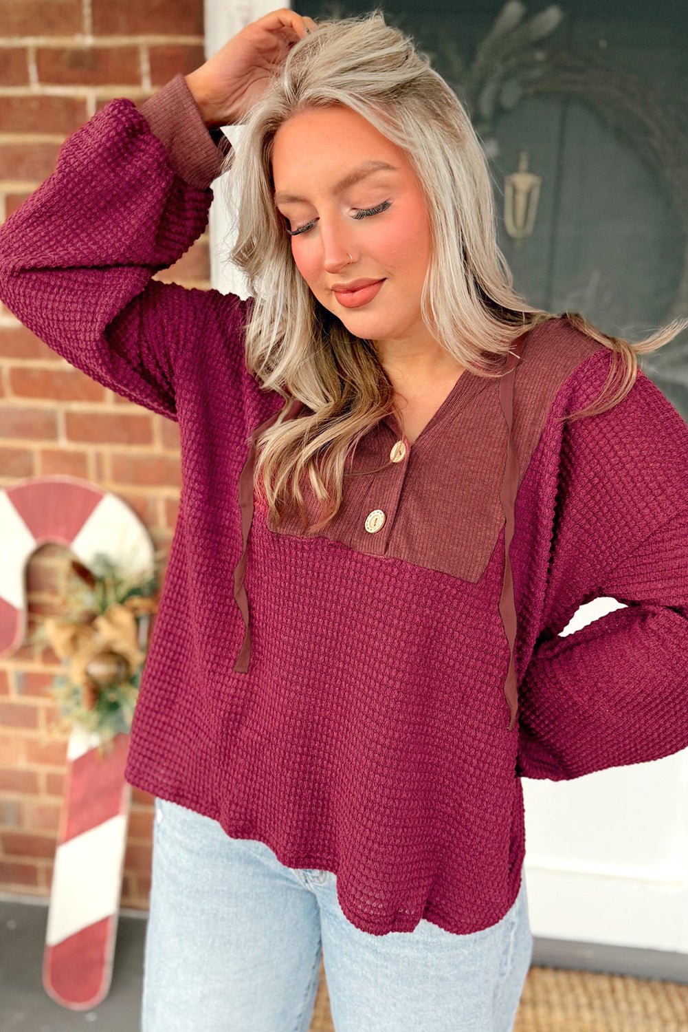 Racing Red Waffle Patchwork Drop Shoulder Hooded Long Sleeve Top - MAD RUFFI