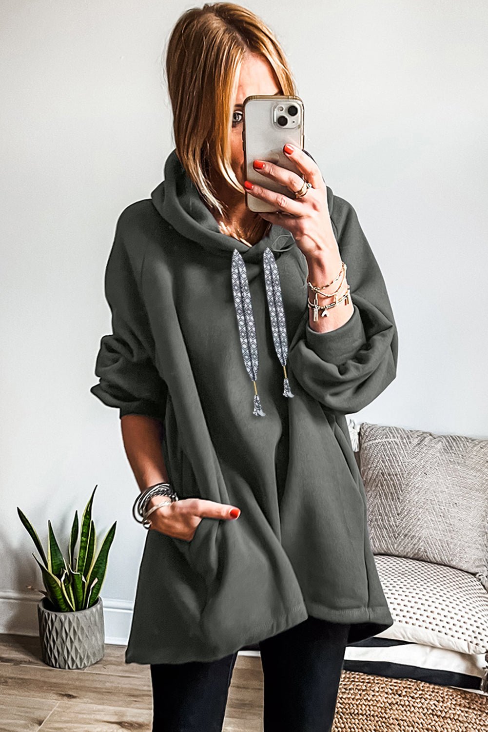 Raglan Sleeve Drawstring Hooded Tunic Sweatshirt - MAD RUFFI