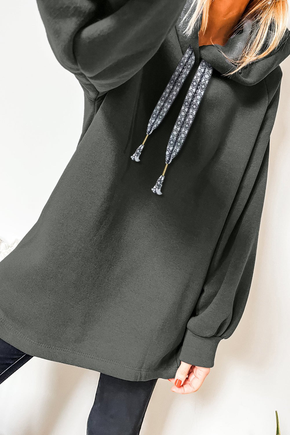Raglan Sleeve Drawstring Hooded Tunic Sweatshirt - MAD RUFFI