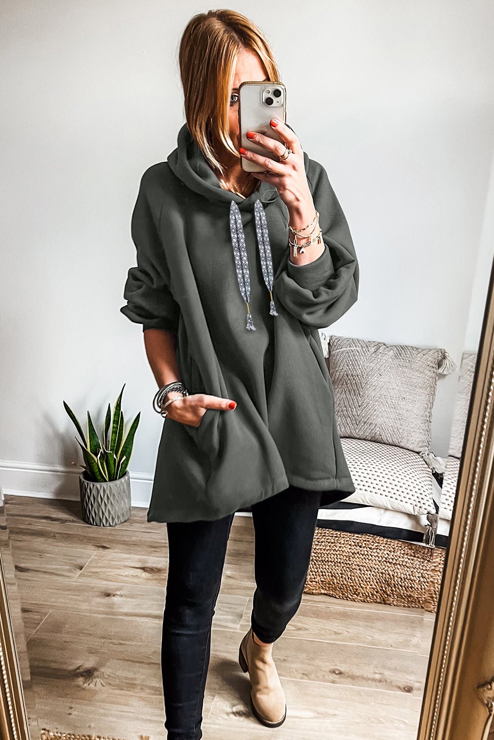 Raglan Sleeve Drawstring Hooded Tunic Sweatshirt - MAD RUFFI