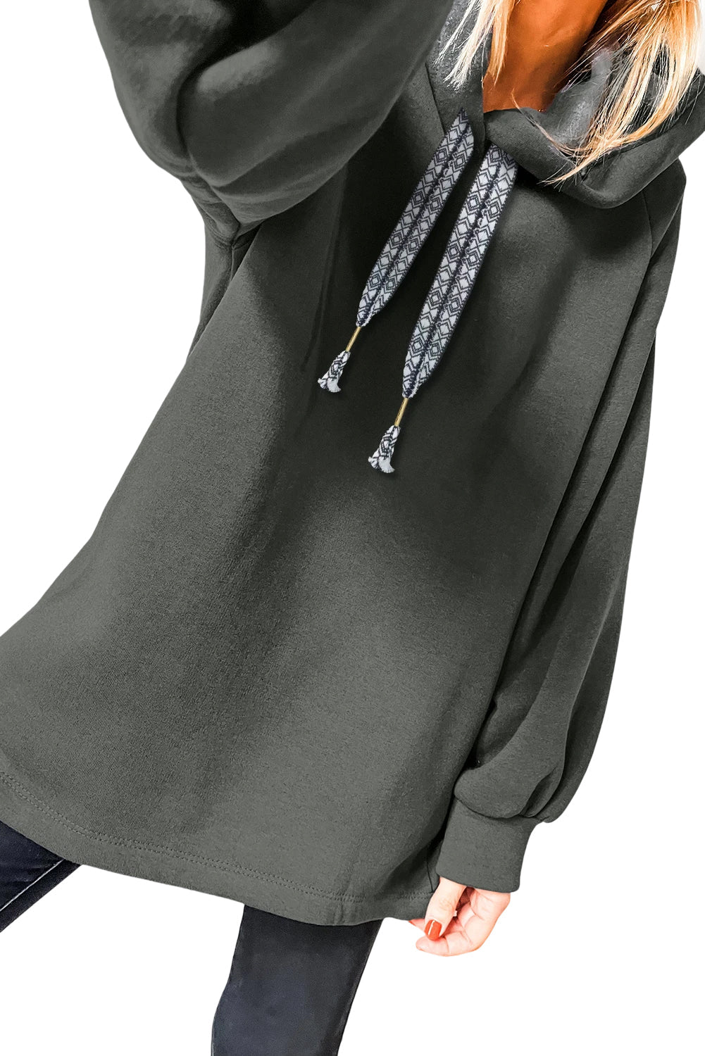 Raglan Sleeve Drawstring Hooded Tunic Sweatshirt - MAD RUFFI
