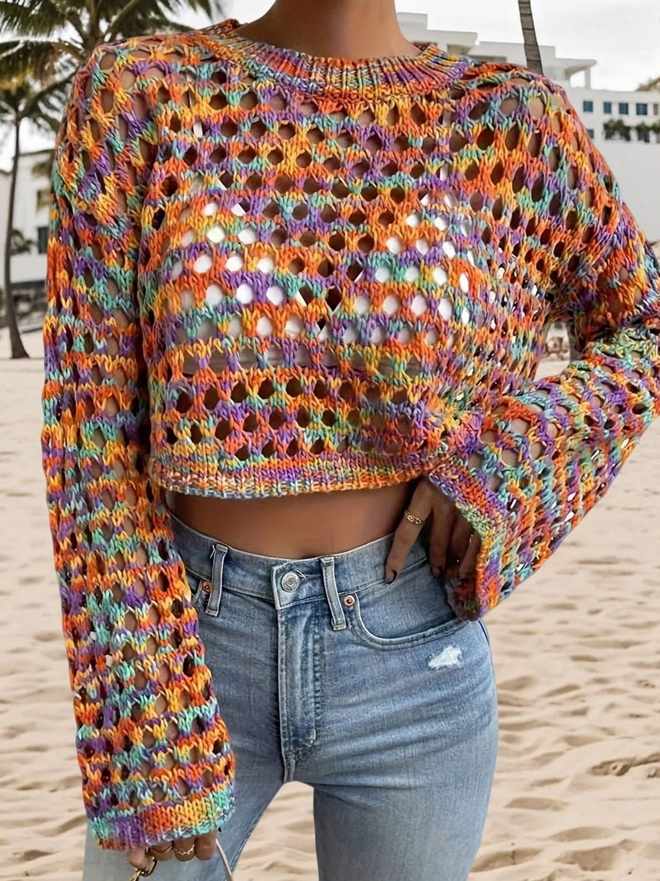 Rainbow Crochet Hollow Out Cropped Sweater - MAD RUFFI