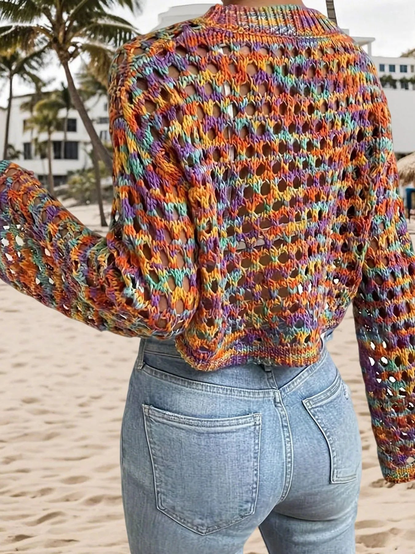 Rainbow Crochet Hollow Out Cropped Sweater - MAD RUFFI