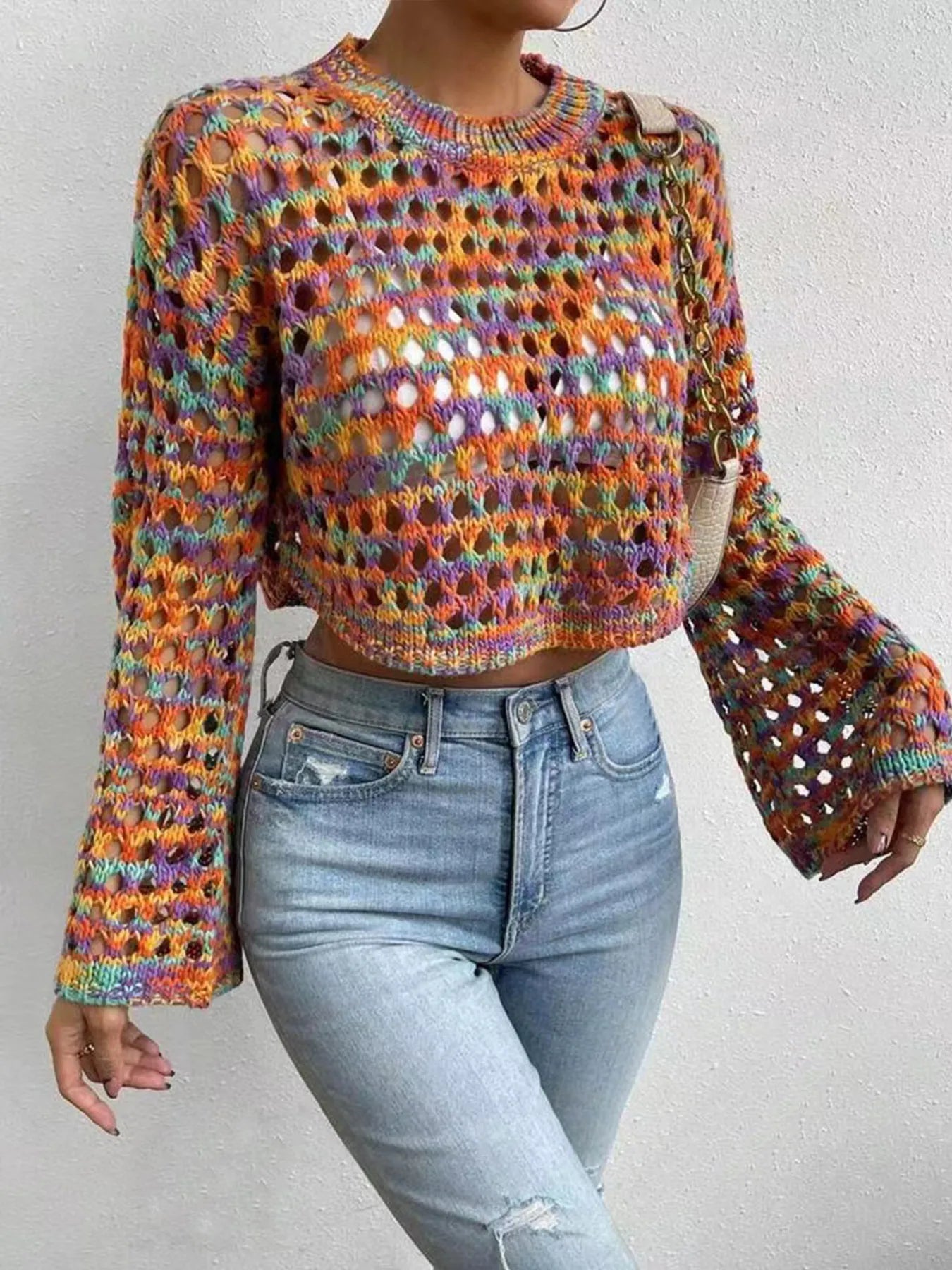 Rainbow Crochet Hollow Out Cropped Sweater - MAD RUFFI