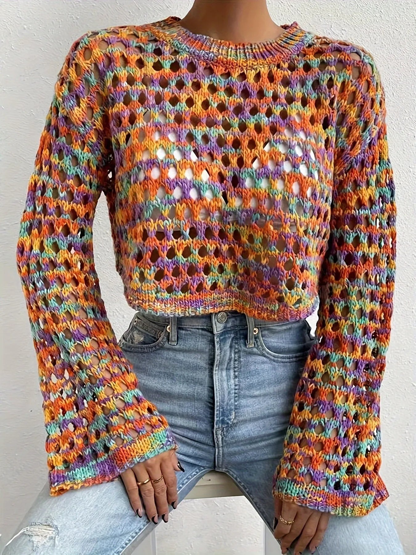 Rainbow Crochet Hollow Out Cropped Sweater - MAD RUFFI