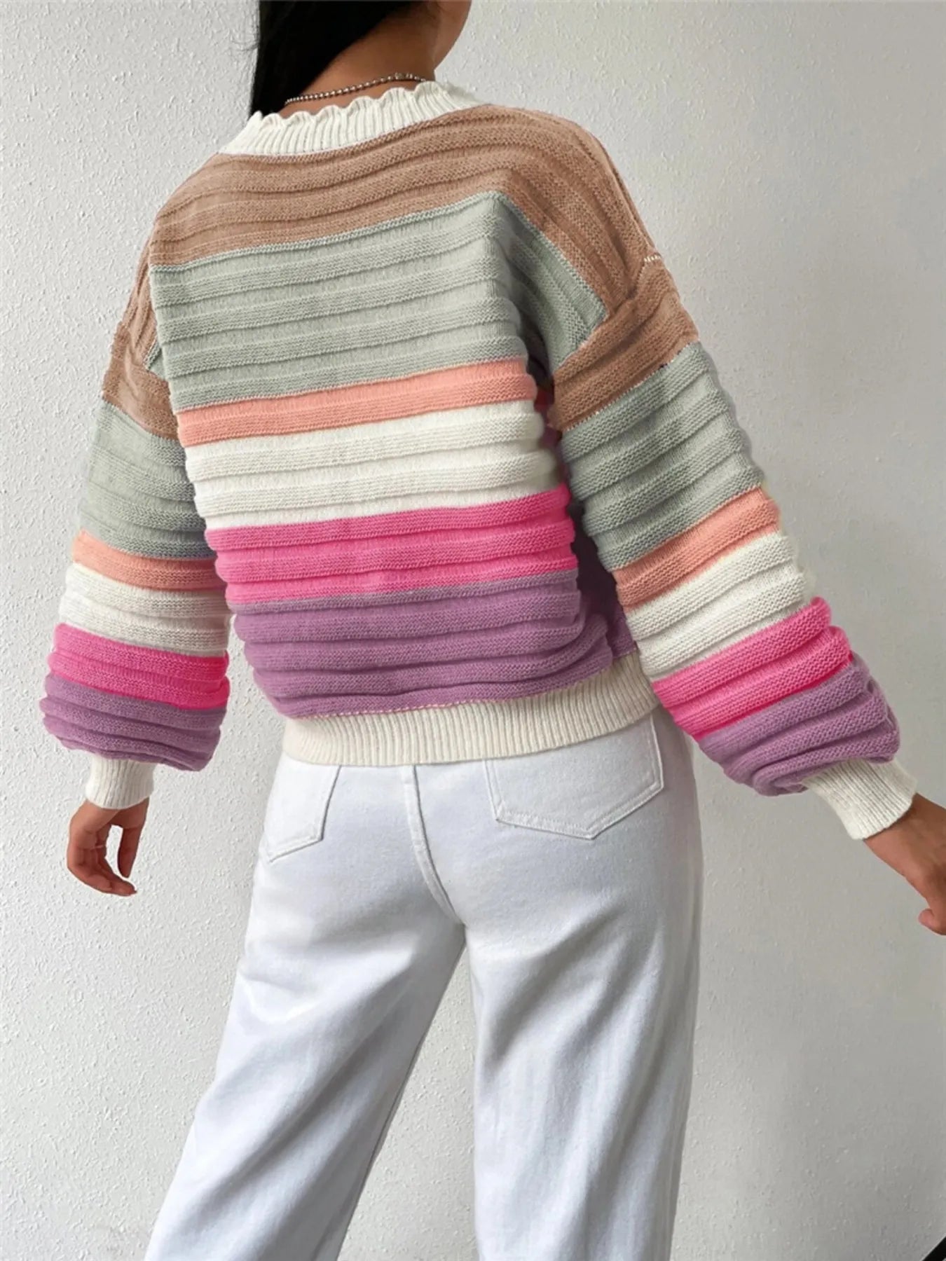 Rainbow Striped Cropped Cardigan with Balloon Sleeves - MAD RUFFI