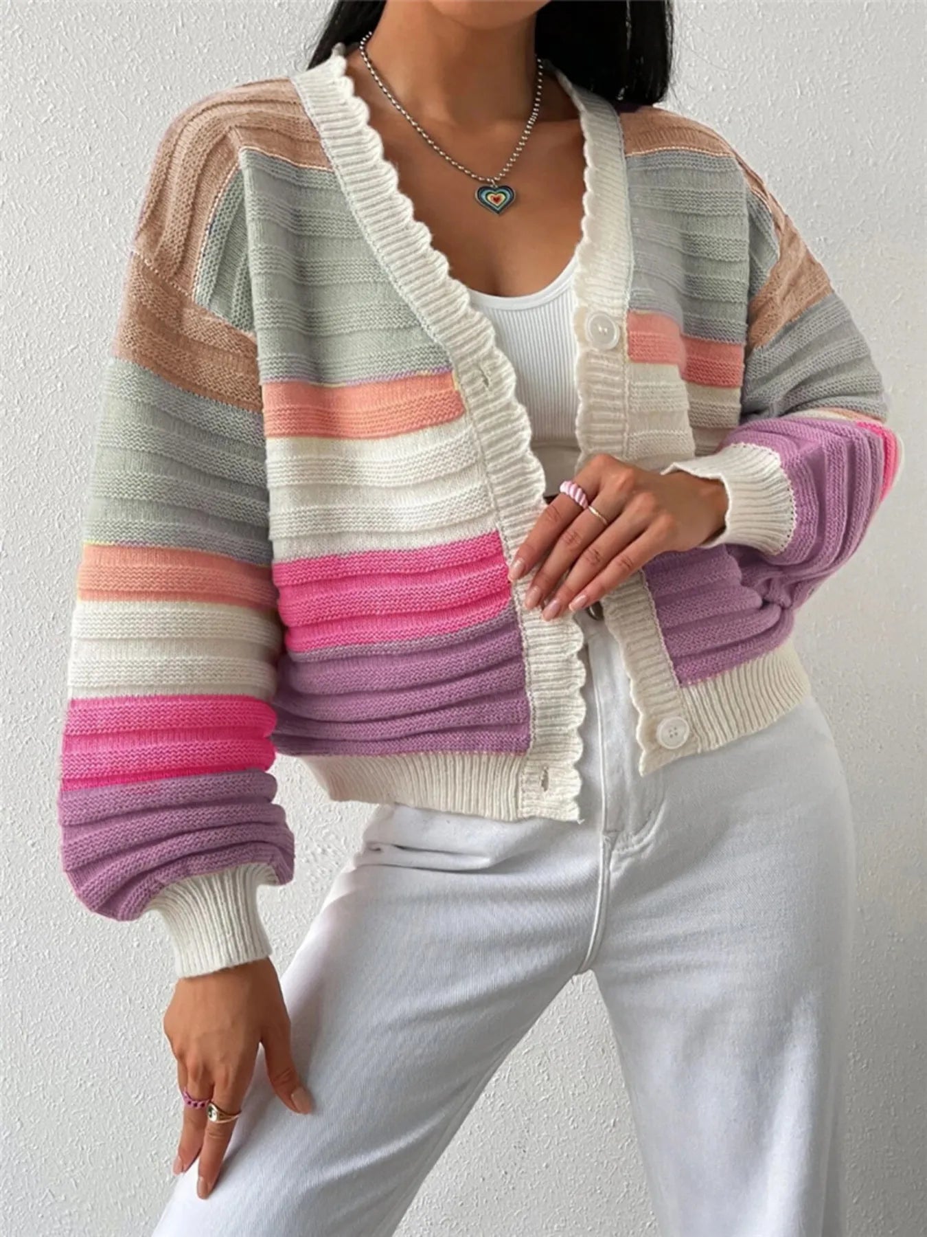 Rainbow Striped Cropped Cardigan with Balloon Sleeves - MAD RUFFI