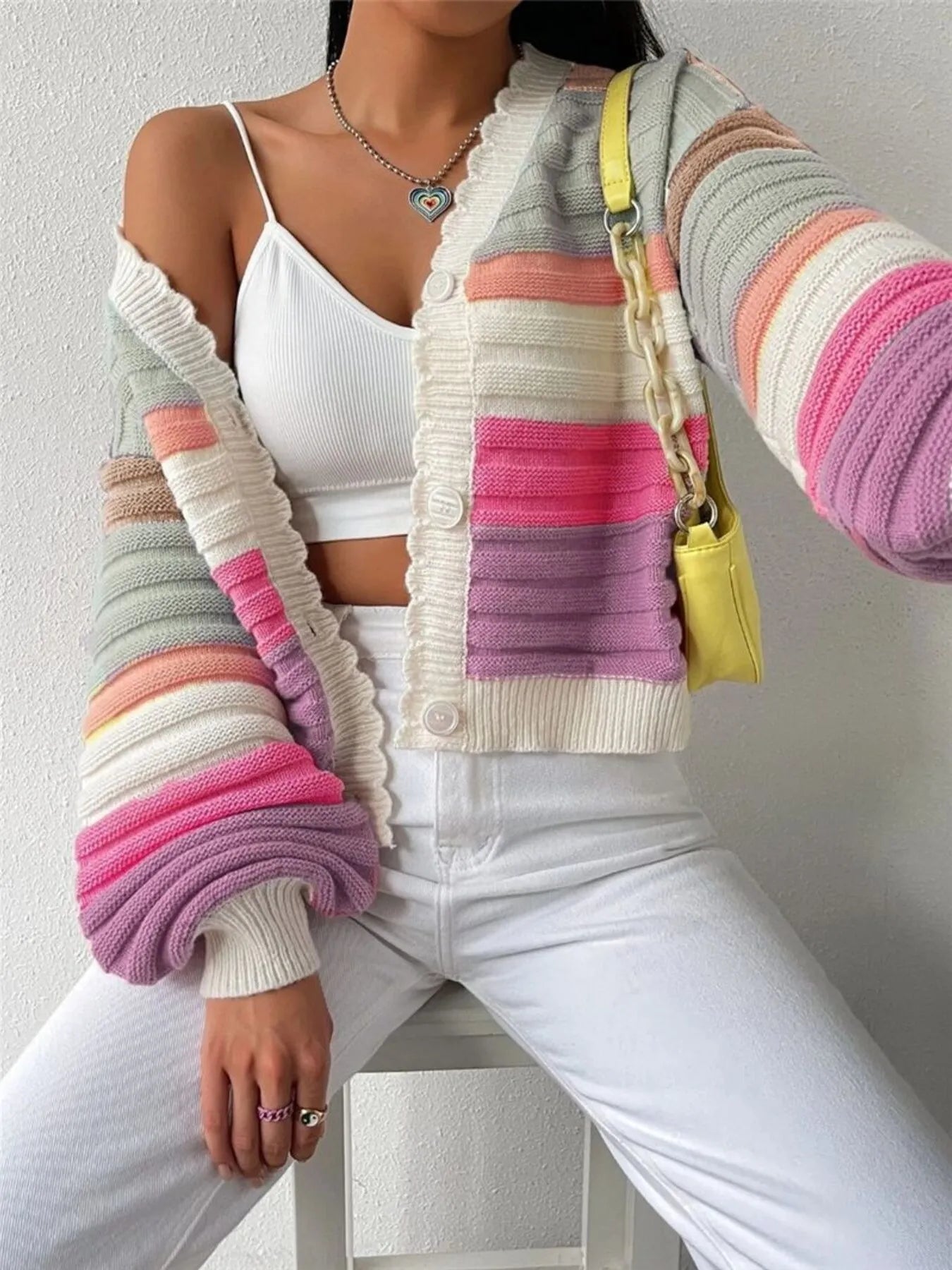 Rainbow Striped Cropped Cardigan with Balloon Sleeves - MAD RUFFI