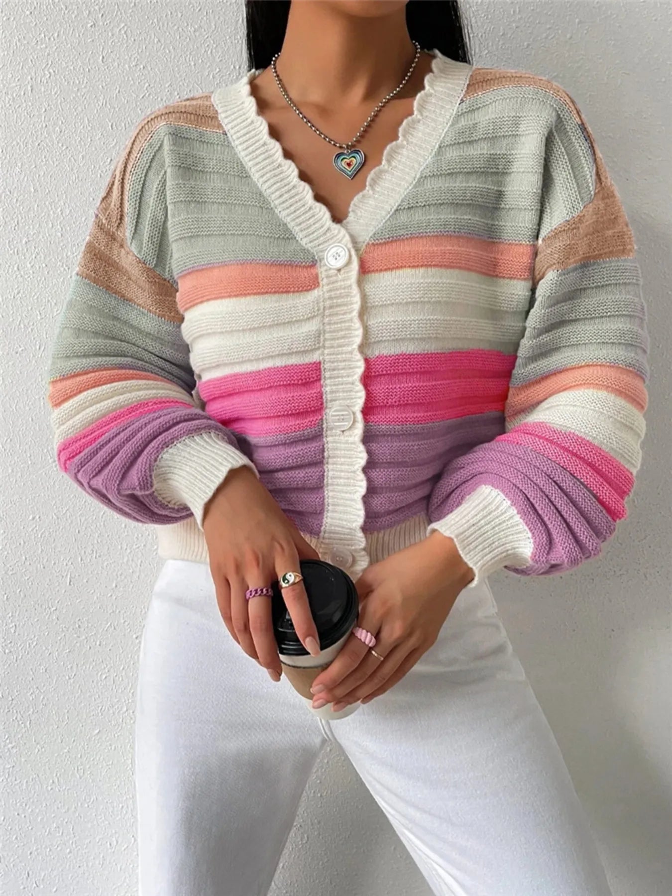 Rainbow Striped Cropped Cardigan with Balloon Sleeves - MAD RUFFI