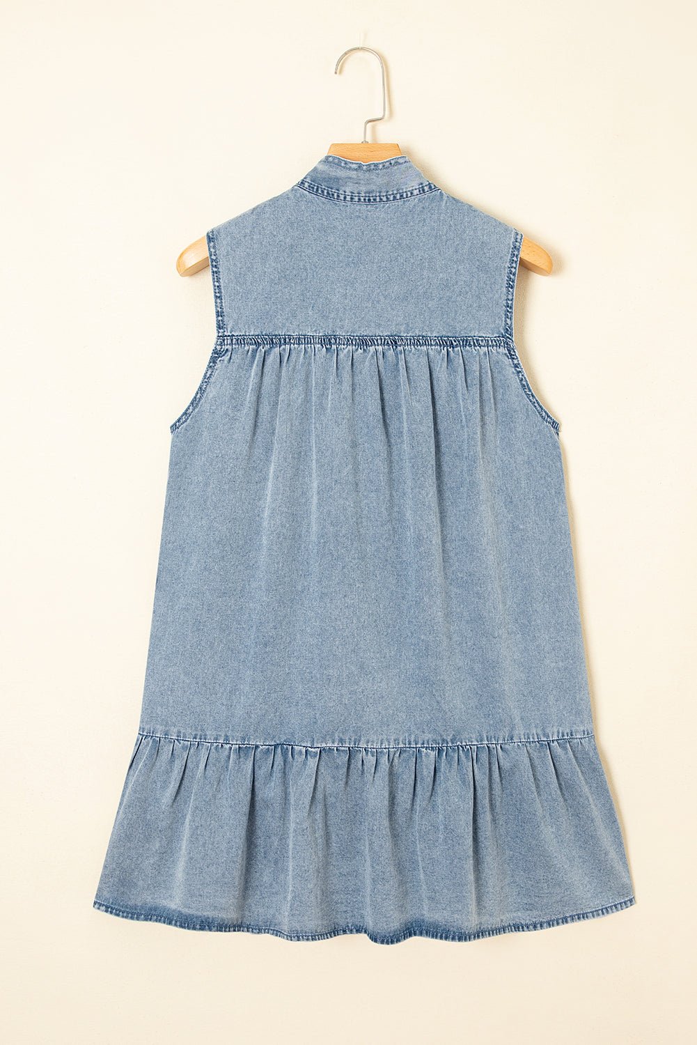Real Teal Bowknot Neck Ruffled Sleeveless Chambray Dress - MAD RUFFI