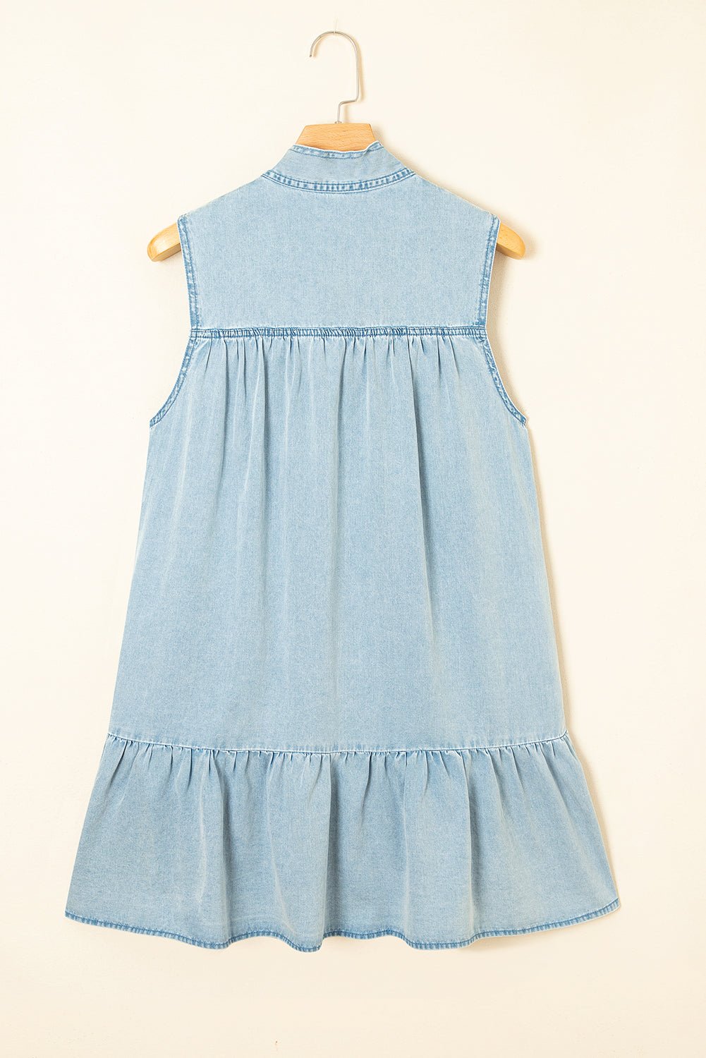 Real Teal Bowknot Neck Ruffled Sleeveless Chambray Dress - MAD RUFFI