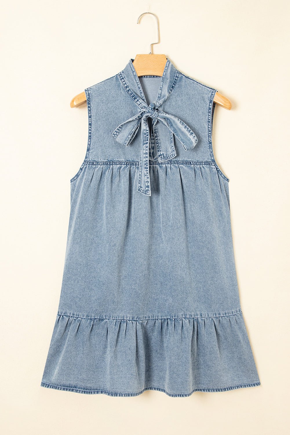 Real Teal Bowknot Neck Ruffled Sleeveless Chambray Dress - MAD RUFFI