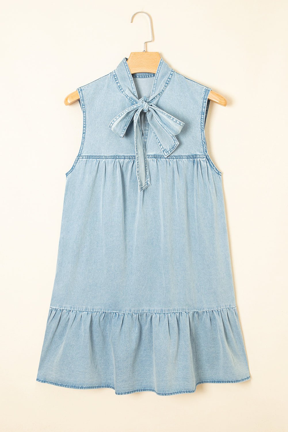 Real Teal Bowknot Neck Ruffled Sleeveless Chambray Dress - MAD RUFFI