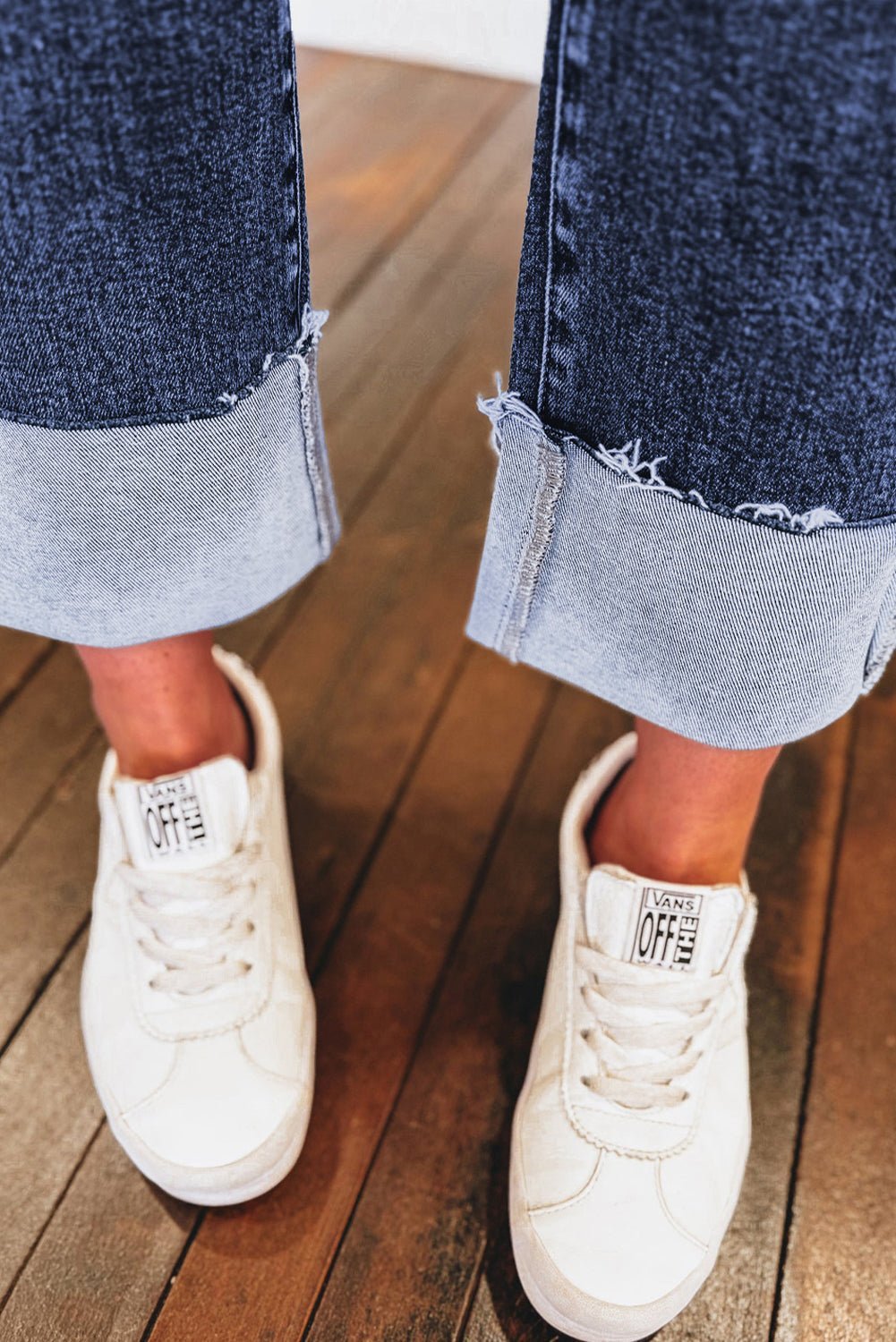 Real Teal Folded Cuffs Distressed High Waist Jeans - MAD RUFFI