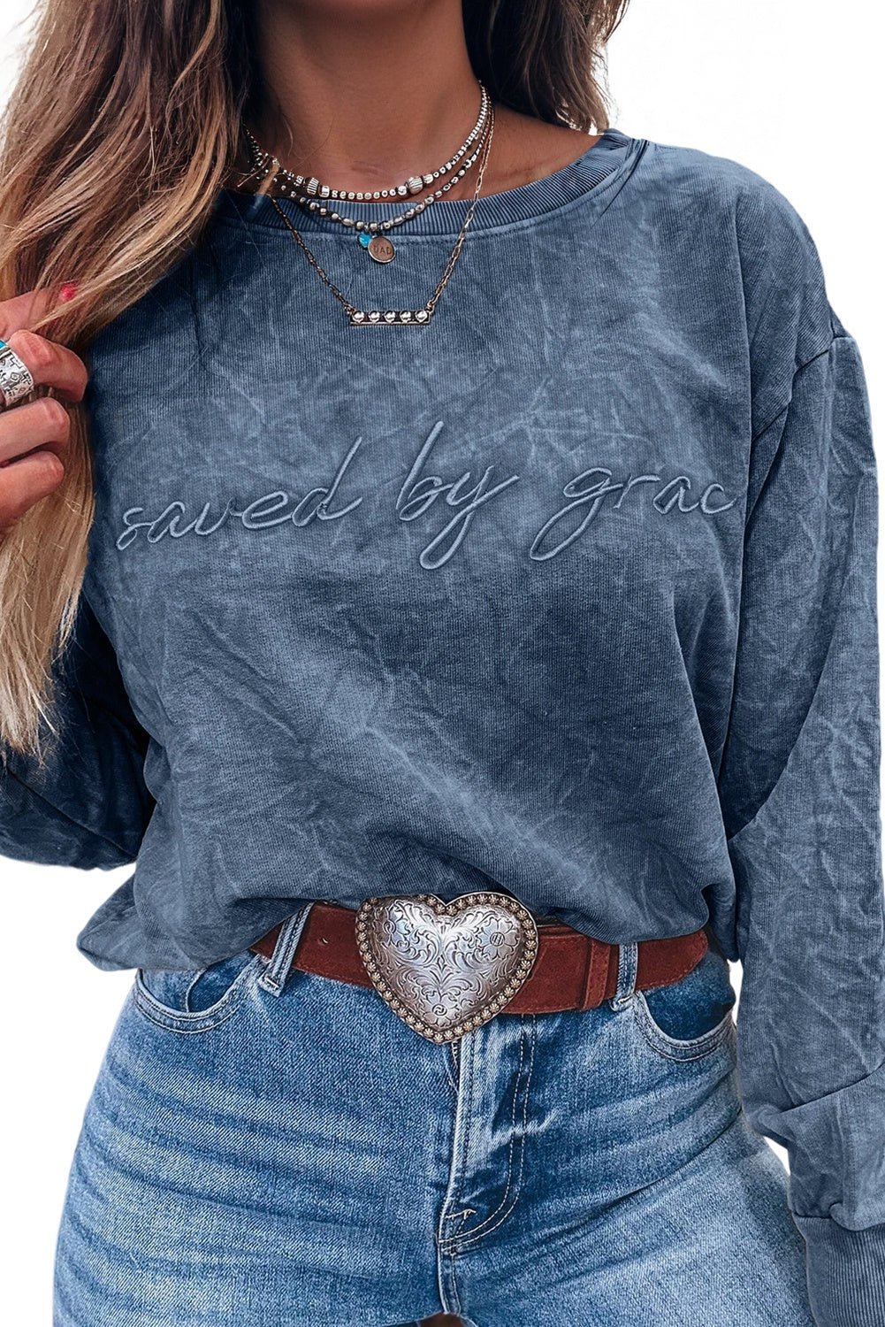 Real Teal saved by grace Letter Embroidery Mineral Wash Loose Sweatshirt - MAD RUFFI